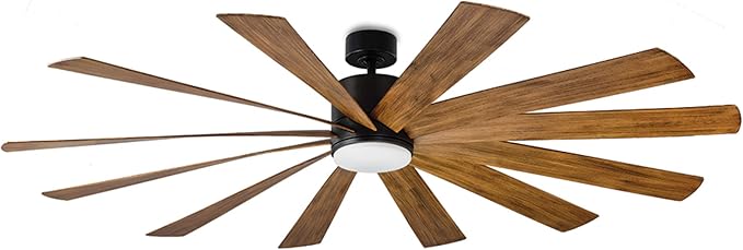 Windflower Smart Indoor and Outdoor 12-Blade Ceiling Fan 80in Matte Black Distressed Koa with 2700K LED Light Kit and Wall Control Works with Alexa, and iOS or Android App