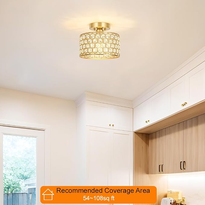 Lxybcce Gold Crystal Ceiling Light Fixture - Modern Semi Flush Mount Ceiling Chandelier Lighting for Hallway, Kitchen & Foyer | Dazzling Prism Chandelier with Easy Installation,1 Light, 9 in