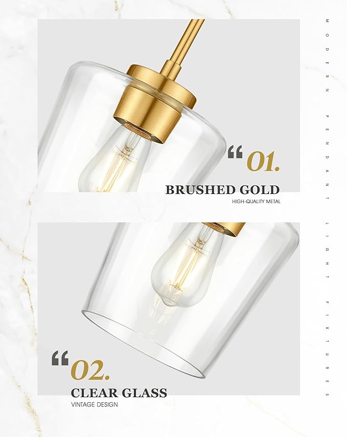 Audicki 2-Packc Pendant Lights Kitchen Island, 8" Brushed Gold Hanging Lights Fixtures with Clear Glass Shade, Modern Kitchen Pendant Lighting Over Island for Dining Room, AD-22004-1P2L-GD-C