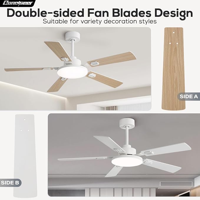 Conciseer 52 Inch Ceiling Fans with Lights and Remote for Bedroom Living Room Kitchen Office, Indoor/Outdoor Use, 6CCT Dimmable, 5 Blades, 6 Speed Reversible Quiet DC Motor, White/Wood Grain
