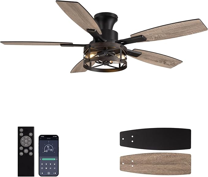 52 Inch Ceiling Fans with Lights and Remote & APP Control, Farmhouse Ceiling Fan with LED Lighting for Bedroom Living Room and Patio, Black Caged Ceiling Fan for Indoor and Outdoor(NO BULBS）