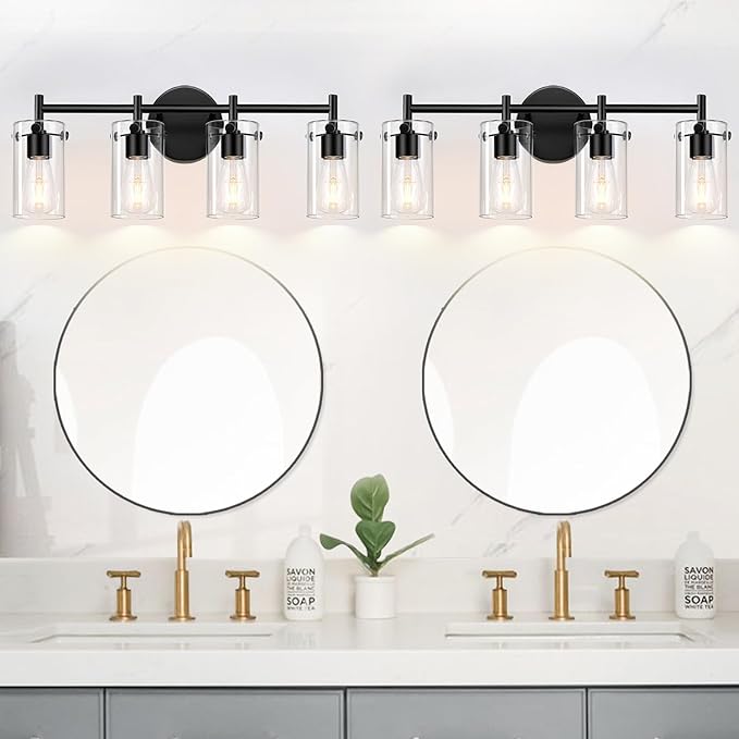 4-Light Matte Black Bathroom Vanity Light Fixtures, Clear Glass Shade Wall Sconces for Mirror, Bedroom, Living Room, Hallway