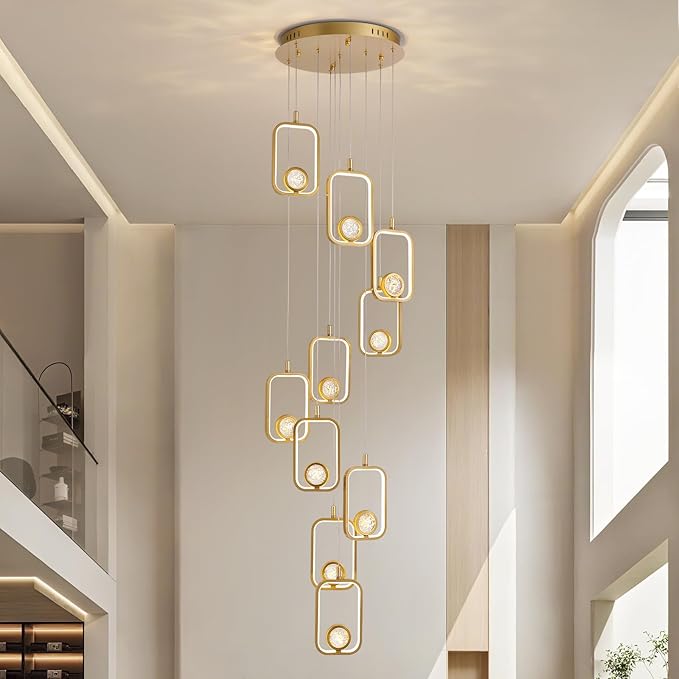 Modern Staircase Chandelier Modern LED Chandelier Gold Entryway High Ceiling Light 10 Lights Gold Crystal Light Fixture for Staircase Foyer Entryway Living Room