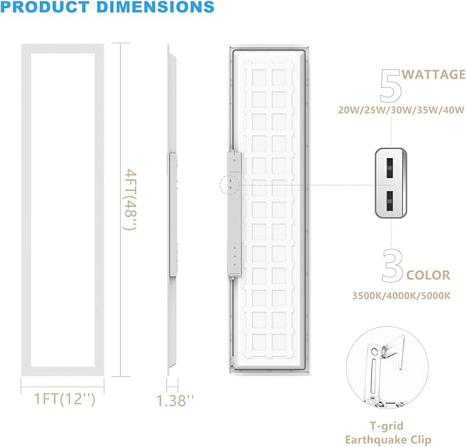 1x4 Backlit LED Panel Light,5 Wattage 20W/25W/30W/35W/40W-Up to 6000Lumens,3 CCT Tunable 3500K/4000K/5000K,ETL&DLC Certified for Office Commercial Drop Ceiling 6 Pack