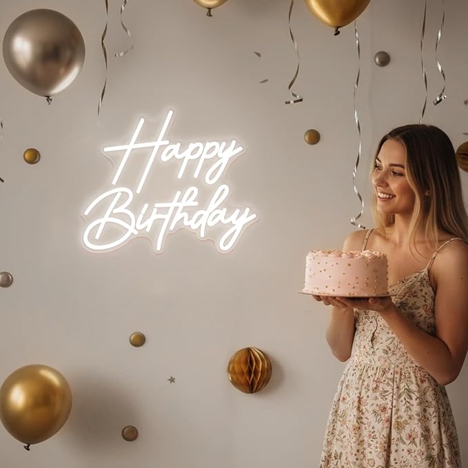 Happy Birthday Neon Sign for Wall Decor, Dimmable LED Happy Birthday Light Up Sign, Happy Birthday Sign for All Birthday Party Decoration Backdrop and Any Ages Bday Celebration, White