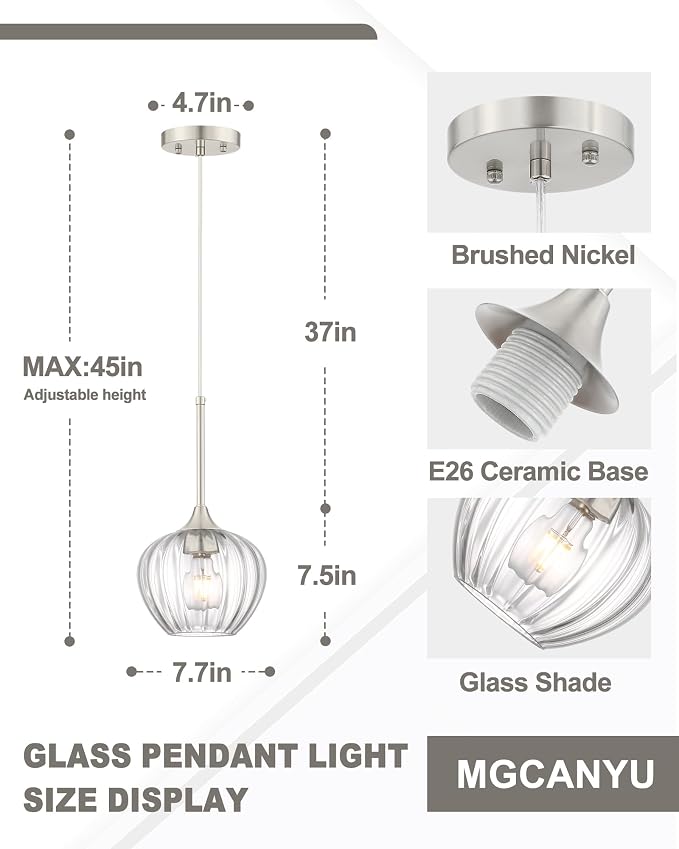 2-Pack Glass Pendant Lights Kitchen Island, 7.7" Modern Brushed Nickel Pendant Lighting Small Hanging Light Fixtures for Kitchen, Dining Room, Bathroom, Bedroom