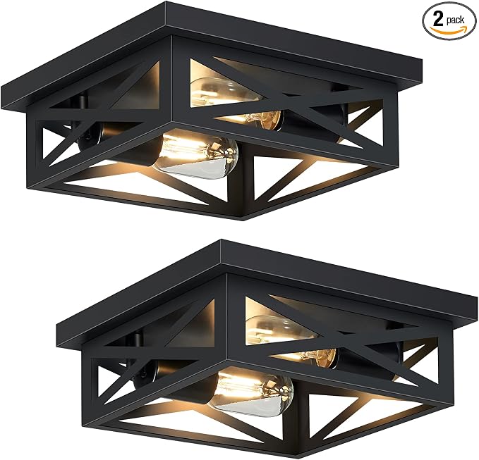 SKEJAO Black Flush Mount Ceiling Light Fixture,2-Light Square Hallway Light Fixtures Ceiling,Light Fixtures Ceiling Mount for Farmhouse,Kitchen,Hall,Bedroom (2 Pack)