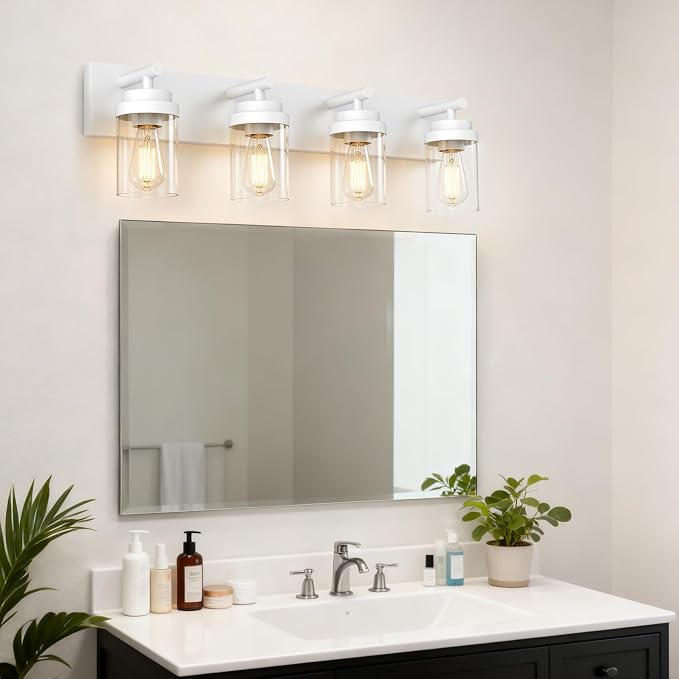 IZORRO Bathroom Vanity Light Fixture, 4-Light 30 Inch White Bathroom Light Fixtures Over Mirror, with Clear Glass Shade, Modern Farmhouse Vanity Lights, Rustic Restroom Lighting Fixtures