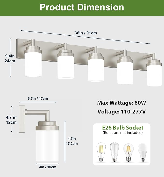 Bathroom Light Fixtures, Brushed Nickel Bathroom Lighting Fixtures Over Mirror, Modern Vanity Light with White Glass Shade, Restroom Lighting Fixtures, 5-Light 36-inch