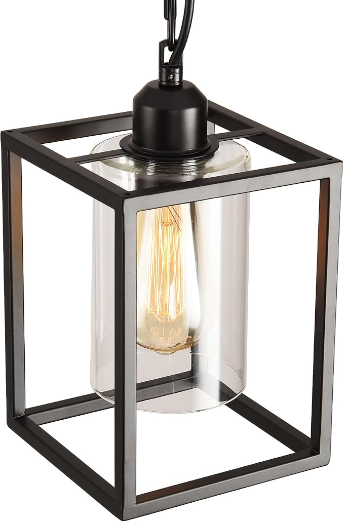 2 Pack Farmhouse Pendant Light,Black Metal Frame Hanging Light Fixture with Clear Glass Shade, Adjustable Chains Industrial Mini Pendant Lighting for Kitchen Island Entryway Porch Foyer