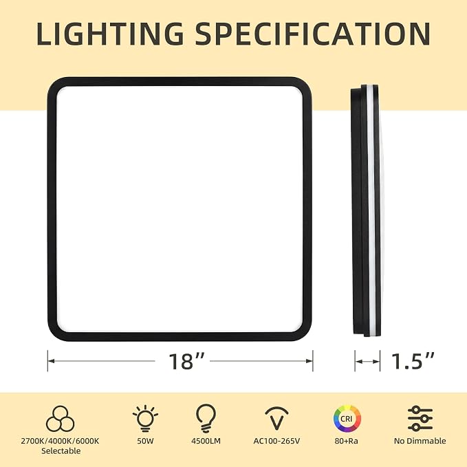 18 Inch LED Flush Mount Ceiling Light, White Ceiling Light Fixture with Side Light, 50W,4500LM, 2700K/4000K/6000K CCT Selectable, Square Lamp for Bathroom, Closet, Kitchen, Hallway, Bathroom