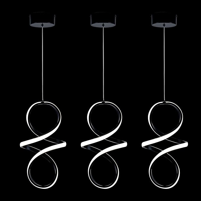 MAYNA Modern Spiral Led Chandelier, 4000K Pendant Light Kitchen Island, 18W Adjustable Height Island Light Fixture for Kitchen Bedroom Kitchen Island Cafe, 3 Pack (Black)