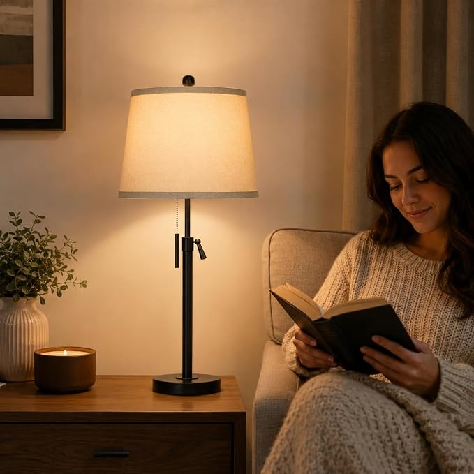 Black Bedside Lamp Tall Table Lamp 22" to 30" Adjustable Height 3 Brightness Way Nightstand with Beige Linen Shade Pull Chain Pole Lights for Living Room Guest Bedroom End Table(Bulb Included, Single)
