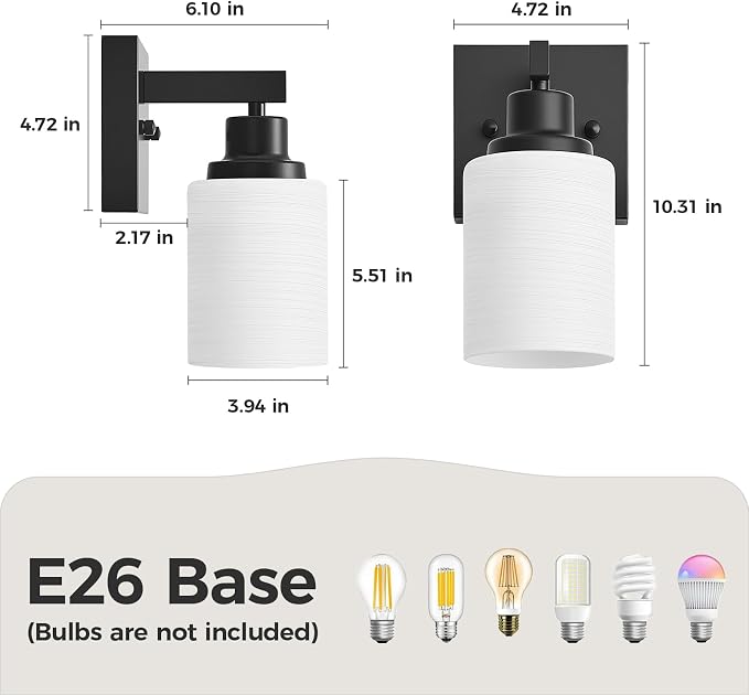 Set of 2 Wall Sconces for Bathroom, Black 1 Light Bathroom Vanity Light,Modern Wall Sconces Indoor with White Glass Shades,Farmhouse Wall Lamp for Bedroom Living Room Mirror Hallway