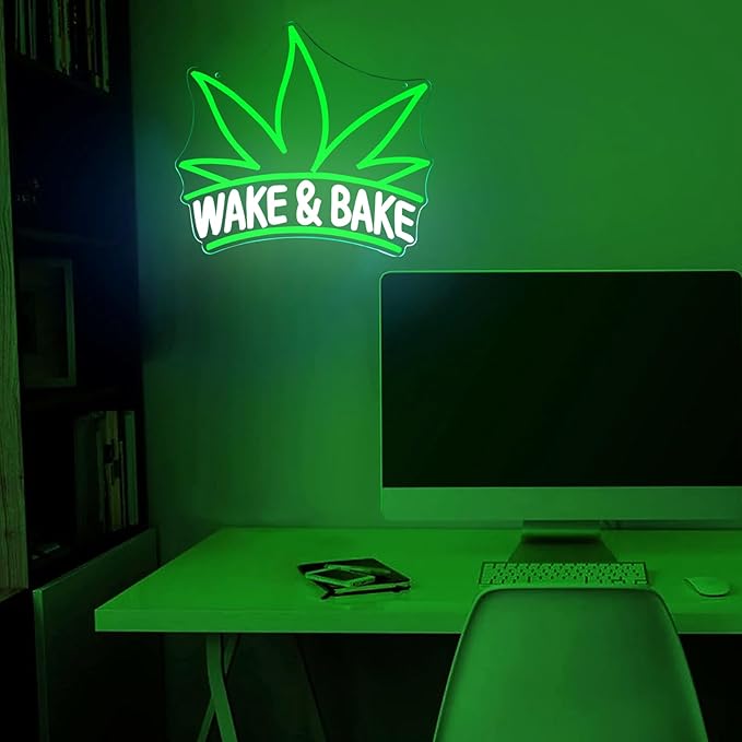 Wake & Bake Neon Signs Green Weed Leaf LED Neon for Bar Decor,Dimmable Wake and Leaf Neon Lights Men Cave Bedroom Living Room Gifts for Christmas Birthday(Green, Wake)