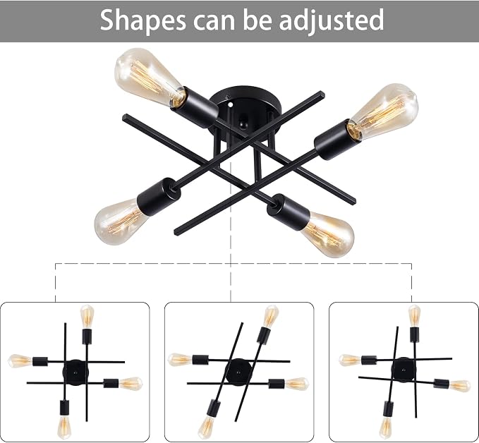 Sputnik Chandeliers, Modern Semi Flush Mount Ceiling Light with E26 Base, Mid Century Industrial Kitchen Farmhouse Light Fixtures for Bedroom Living Room (Black, Ceiling 4 Lights)