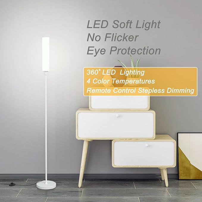 Floor Lamp with Remote Control,Bright Floor Lamps for Living Room/Bedroom/Office, Stepless Adjustable 3000K-6000K Colors and 10-100% Brightness,Standing Light with Foot Switch (White)
