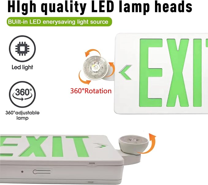 LED Exit Sign with Emergency Lights Dual LED Exit Light,Battery Backup | Two Bright LED Adjustable Heads Emergency Exit Lights, Hardwired Dual LED Combo Exit Lamp. ABS Fire Resistance UL Green