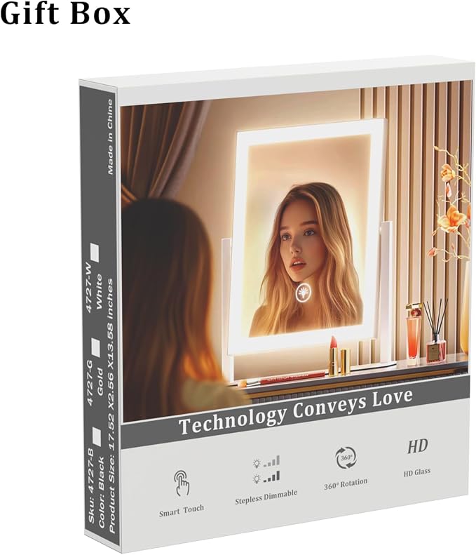 Gvnkvn Lighted Makeup Mirror, 17.2"x13.6" Hollywood Vanity Mirror with Lights, Three Color Modes, Smart Touch Control, 360°Rotation,with 5X Magnifying Glass