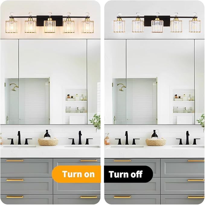 Bathroom Vanity Lights Over Mirror - Easy Installation with Clear Guide, 5-Light Shadow-Free Design, Black and Gold Crystal Finish - for Modern Home Bathroom Lighting Fixtures in DIY Projects