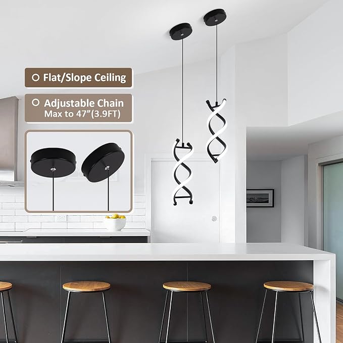 CANEOE Spiral Modern Pendant Light Fixture, 5500K Cold White Black LED Hanging Lamp, Adjustable Height Black Kitchen Island Light Fixture for Dining Room Bedroom Kitchen Sink ((Black, 5500K, 2 Packs)