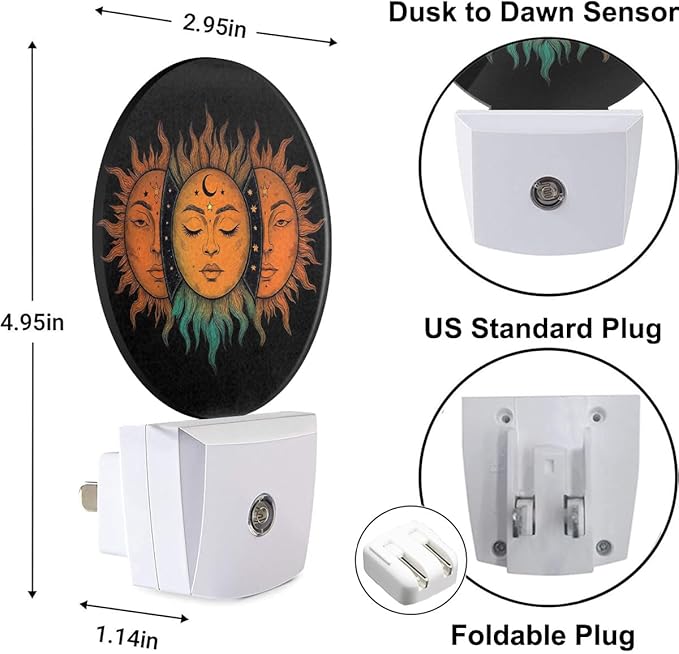 Plug-in Mystical Celestial Suns Art Night Light Sun Faces with Moon and Stars Nightlight with Dusk to Dawn Sensor, Auto On/Off 0.5W Energy-Saving LED Lighting Sleep Friendly