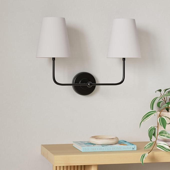 Battery Operated Double Wall Sconce, Cordless Rechargeable Battery Powered 2-Lights Fabric Sconces with Remote Control,Dimmable Sconce Wall Decor Lights for Vanity,Bedroom, Living Room