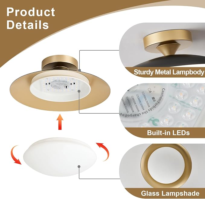Dimmable Modern Mid-Century LED Ceiling Light, Black and Gold, 12.6 Inch | Semi Flush Mount Ceiling Light, 5CCT 2700K-6000K Lighting Fixture Ceiling Lamp with Glass Shade for Bedroom Hallway Kitchen
