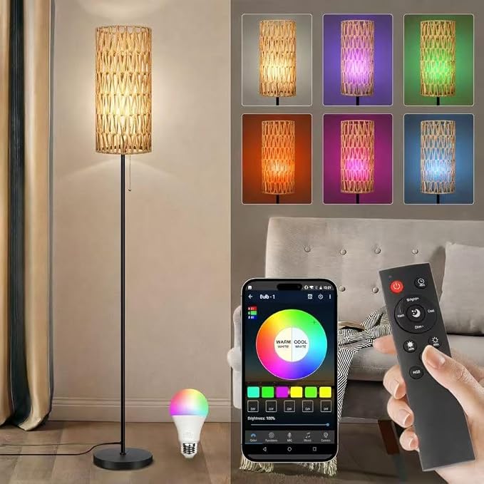 Ruiever Smart Floor Lamp for Living Room,Gaming - Remote, Timer Floor lamp with Remote, APP Control & RGB Standing lamp with Hand-Worked Rattan Shade Bluetooth Bulb Included (Bluetooth Bulb)