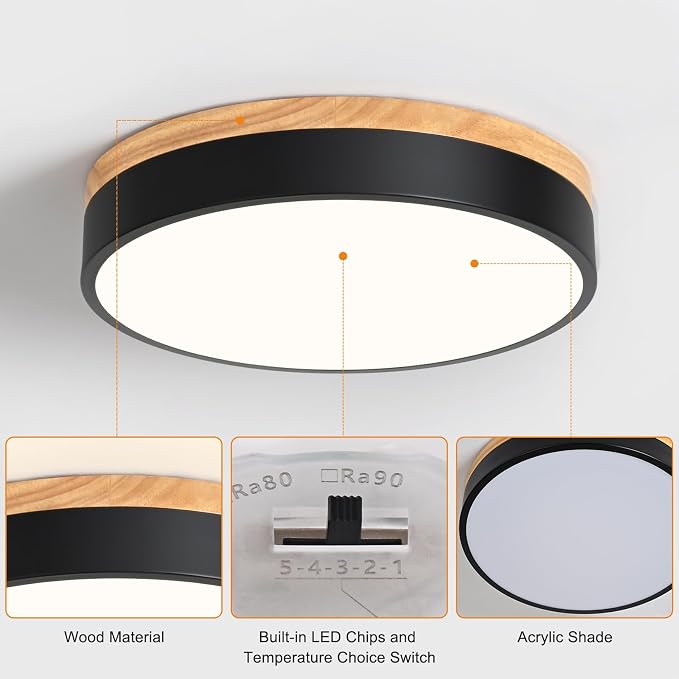 Yiisem Dimmable Wood LED Flush Mount Ceiling Light, Black, 11.8 in | 5CCT 2700K-6000K Modern Close to Ceiling Lighting Fixtures, Round Ceiling Lamp for Bedroom, Kitchen, Hallway, Laundry Room