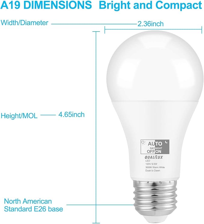 Qualilux Dusk to Dawn A19 LED Light Bulbs Outdoor, Automatic On/Off, 60W Equivalent, Warm White 3000K, Energy Efficient 9.5W, 850 Lumen, E26 Base, 2-Pack, HQ-H007