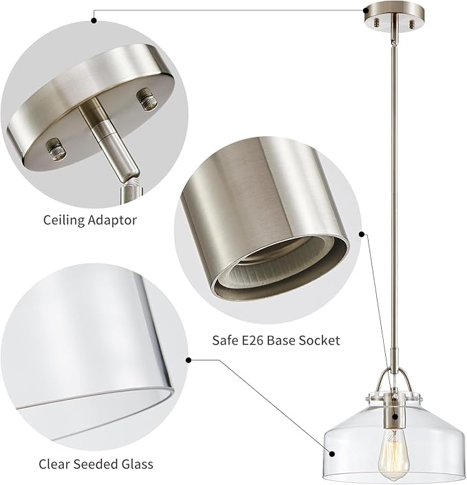 WUZUPS Chandelier Rustic Farmhouse Industrial Round Ceiling Pendant LED Light Fixture with Clear Glass Shades for Dining Room Kitchen Island Foyer Entryway, H 9.4" x W 10.6", E26 Base, Brushed Nickel