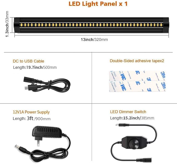 inShareplus 13inch LED Under Cabinet Lighting, Dimmable Light, Warm White 3500K, CRI90+, 450Lumens, DC 12V Ultra Thin Under Counter Kitchen Lights for Kitchen, Shelf, Cupboard, Black, 1 Pack