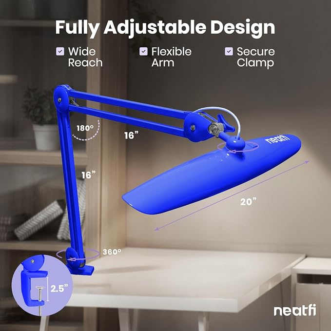 Neatfi XL 2200 Lumens 24W LED Desk Lamp – Shadow-Free Task Lighting | 4-Level Dimming | Home Office & Crafts Use | 20-Inch Wide Head (Sapphire Blue, Non-CCT with Clamp)