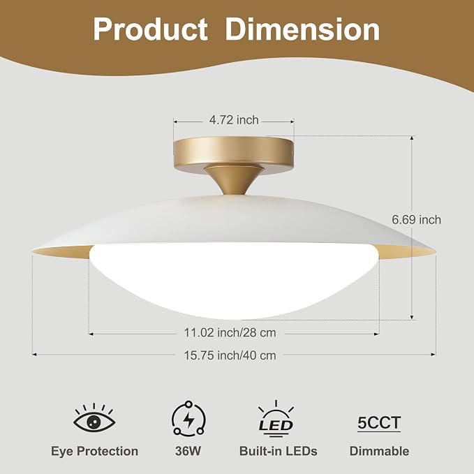 Dimmable Modern Mid-Century LED Ceiling Light, White and Gold, 15.7 Inch | Semi Flush Mount Ceiling Light, 5CCT 2700K-6000K Lighting Fixtures with Glass Shade for Bedroom Kitchen Living Room