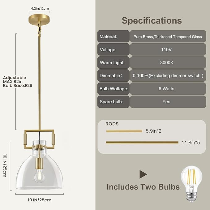 10 Inch Knurled Large Brass Blown Glass Modern Kitchen Island Pendant Light Fixtures,1 Light Island Pendant Lighting,Single Pendant Light,for Foyer, Entryway, and Dining, Includes Two Bulbs