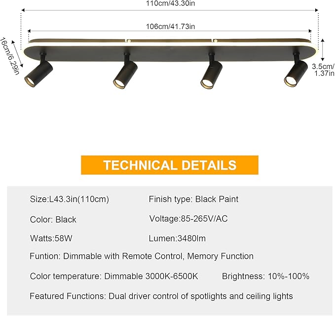 Jaycomey LED Track Lighting Fixtures Ceiling, 58W Adjustable Ceiling Spotlights with Remote, Dimmable 3000K-6500K Modern Kitchen Ceiling Light for Living Room Bedroom Dining Room Hallway Black