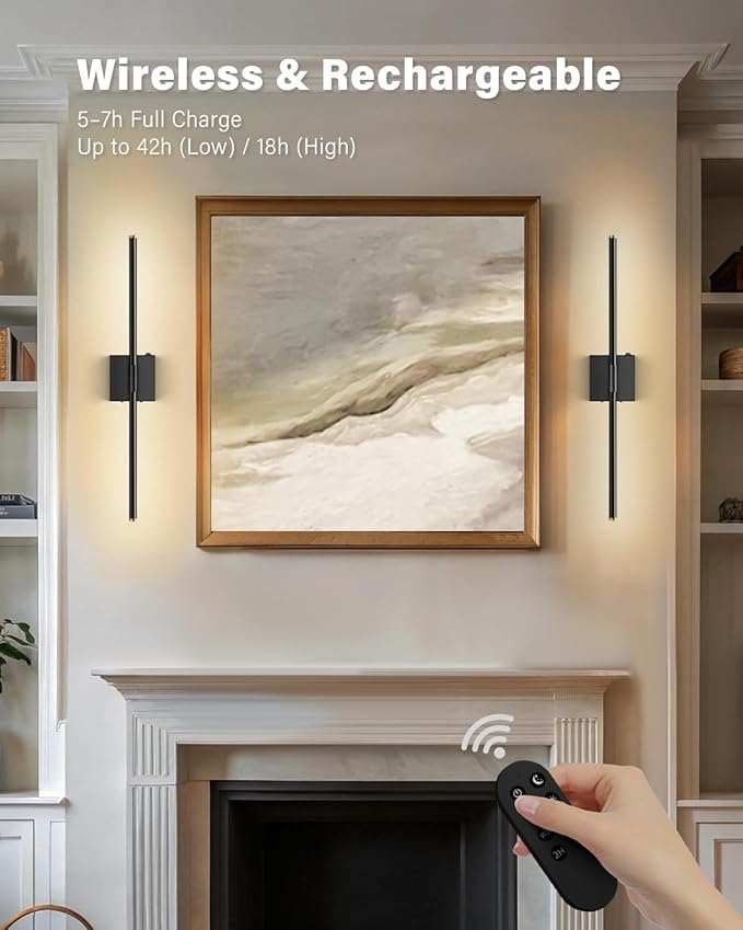 Wall Sconces Set of 2 Battery Operated, Wireless USB 8000mAh Rechargeable Wall Lights with Remote Control,3000K-6000K LED Dimmable Decor Lamp for Living Room,Bedroom,Hallway (27in Black)