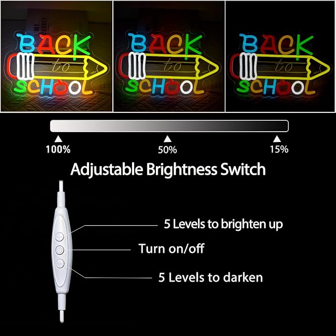 Back To School Neon Sign for Wall Decor, Pencil LED Sign Classroom Dimmable Neon Light Up Sign for Back To School Decorations Nursery Study Area Library Office 5V USB 13.8"x8.7"