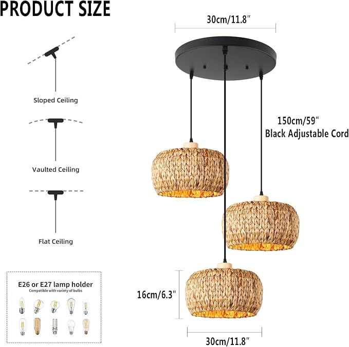 Natural Hand-Woven Basket Chandelier 3-Light Cluster Pendant Light Fixture Seagrass Rattan Shade Farmhouse E26 Base for Living Room Dining Room, Boho Light Fixtures