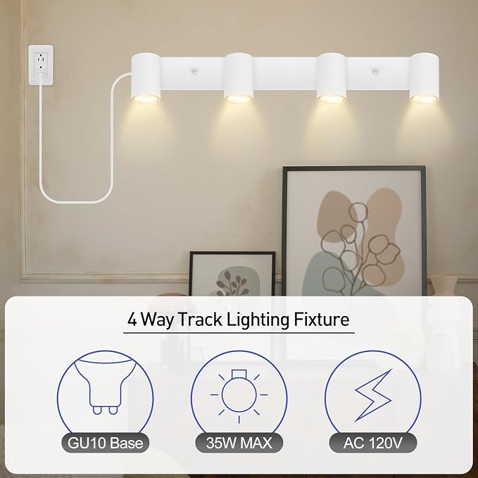 LED Track Lighting Ceiling Fixtures, White 4-Light Plug in Track Lights for Kitchen, 23" Ceiling Spotlight, 15 FT Cord,Flexibly Rotatable Wall Mount Light Head for Bedroom Hallway