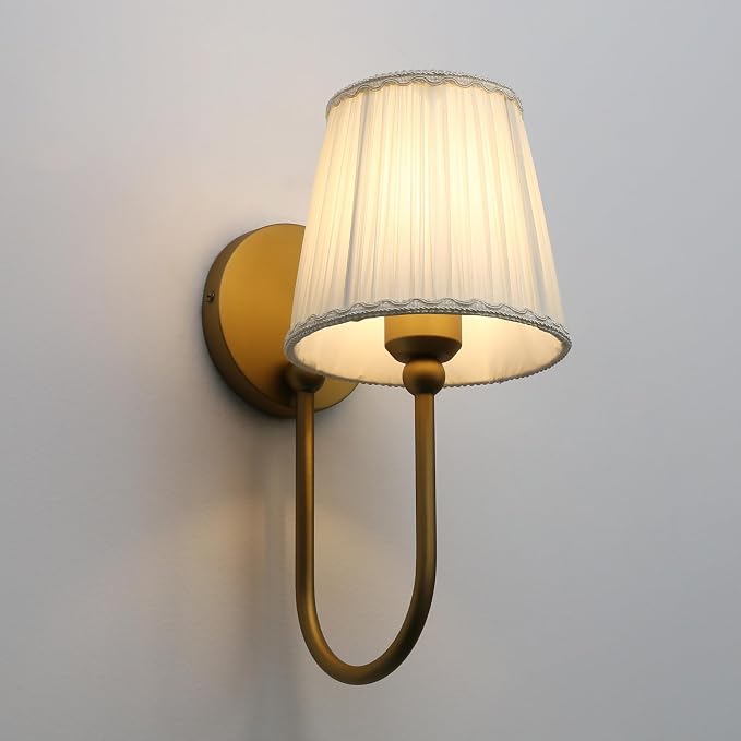 Vintage Set of 2 Fabric Wall Sconce Beige-White Gauze Cloth Shade, Hardwired Curved Arm Bathroom Vanity Lights, Indoor Wall Decor Lamp for Living Room, Kitchen, Bedroom, Foyer