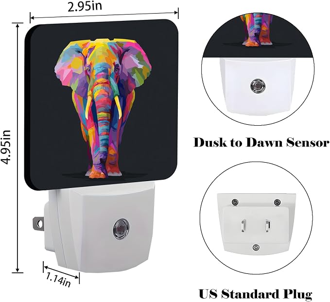 Colorful Elephant Night Light,Plug Into Wall with Dusk to Dawn Light Sensors, Warm Nightlights for Bedroom,Bathroom,Hallway,Kitchen,Gifts Ideal for Boys Girls Women Men