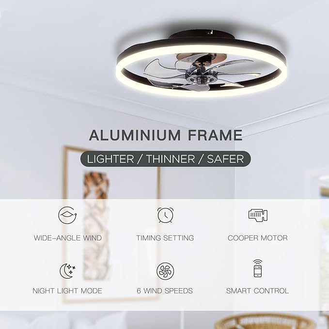 20'' Modern Low Profile Ceiling Fan with Light, Bedroom LED Ceiling Fan with Remote Control, Bladeless Flush Mount Black Fan Lights Ceiling Fixtures for Living Room,Small Room