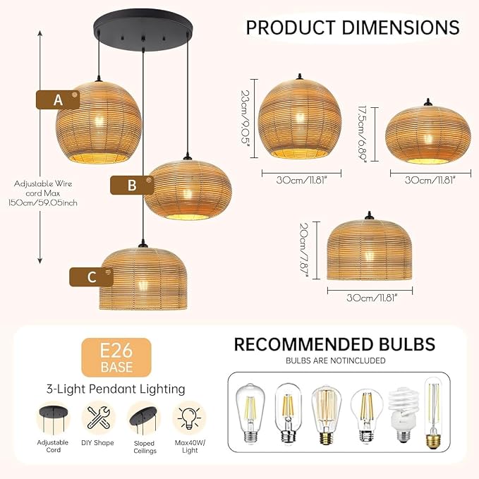 3-Light Large Wicker Chandelier Woven Ceiling Hanging Light | Cluster Rattan Pendant Light Vintage Boho Adjustable Pendant Lamp ,59" Adjustable for Dining Room Kitchen Stairwell Cabinets