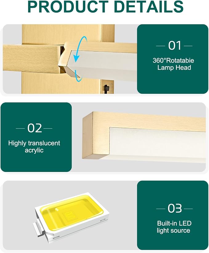 32 Inch Bathroom Vanity Light Fixtures, Gold Modern Light Fixtures Over Mirror, 16W 5CCT Dimmable Wall Light- 2Pack