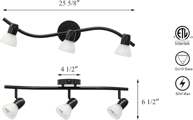 XiNBEi Lighting 3 Light Modern Black Curved Track Ceiling Light for Kitchen | S-Shaped Track Lights with Frosted Glass, Kitchen Lighting Fixtures Ceiling or Wall Mount, Bathroom Bar Lights