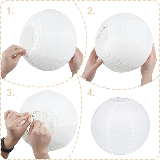 LIHAO 20PCS White Paper Lanterns with Lights, Round Hanging Chinese Lanterns Decorative for Wedding Anniversary Birthday Party Home Decor(Size of 6”, 8”, 10”, 12”)