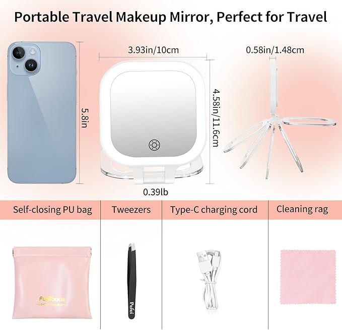 FUNTOUCH Rechargeable Travel Makeup Mirror, 20X/1X Magnifying Double Sided Makeup Mirror, Lighted Portable Vanity Mirror,3 Colors Lighting & Stepless Dimming,with Tweezers & Bag,Gift for Women,White