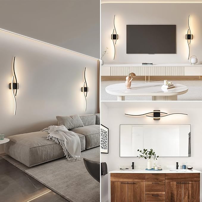 Daunton Hardwired Modern Wall Sconce Set of Two with Remote Control, Dimmable LED Wall Sconces Lighting Set of 2, Large Black Wall Light, LED Wall Lamp for Bedroom Living Room Bathroom 40.5" Length